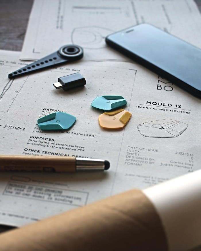 Close-up of a creative workspace featuring schematics, guitar picks, and design tools.